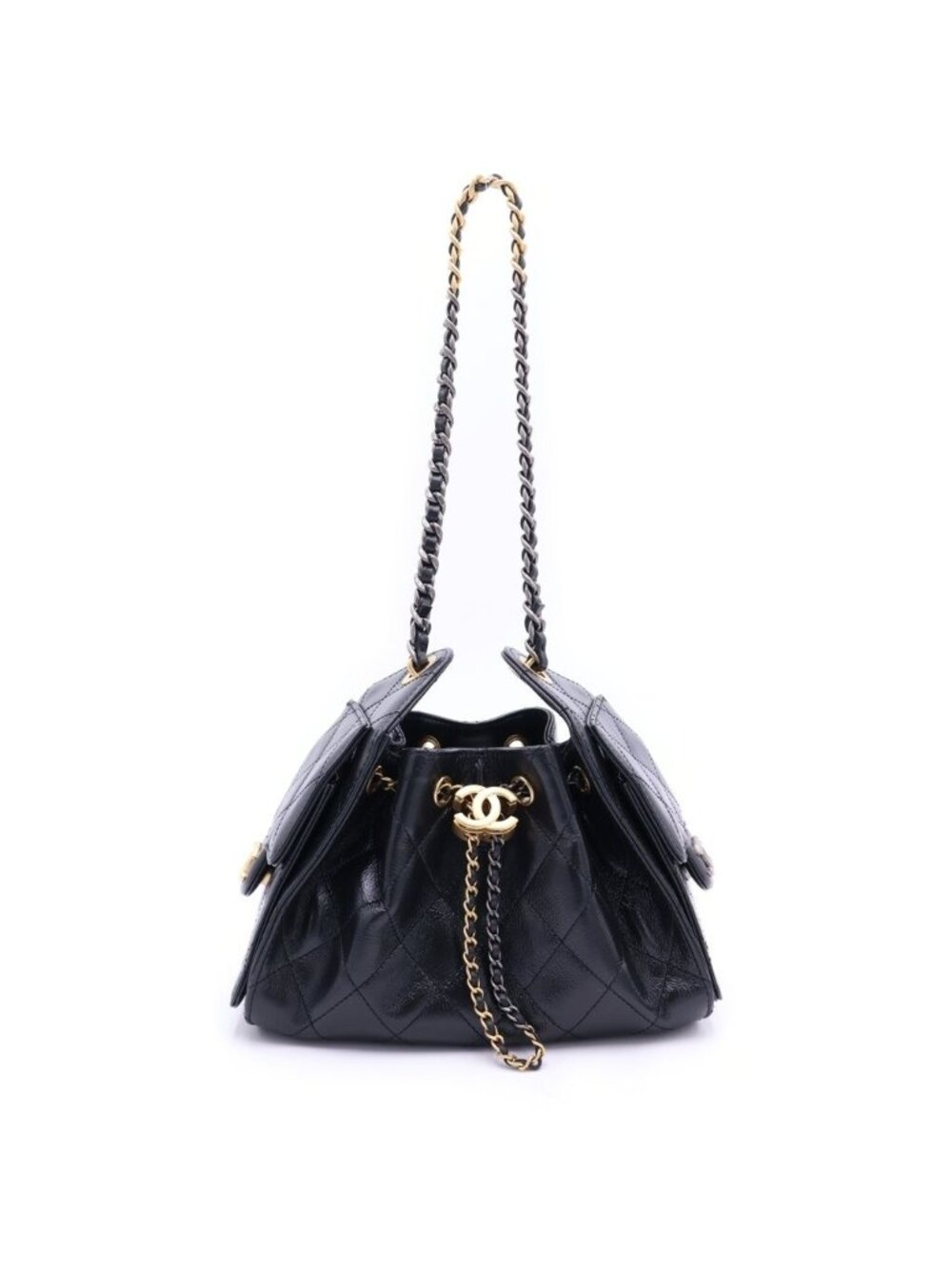 Chanel 25 Mini Chain Shoulder Bag Black Leather Silver Gold